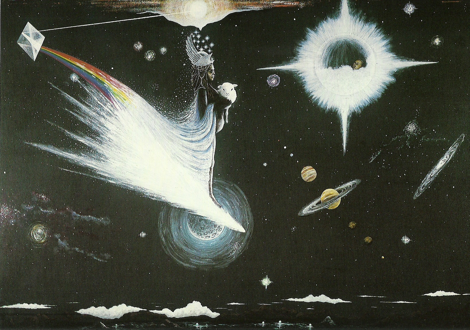 A Rastafari queen floats in space holding a lamb in her arms. In the background are various celestial objects and a baby inside a star.